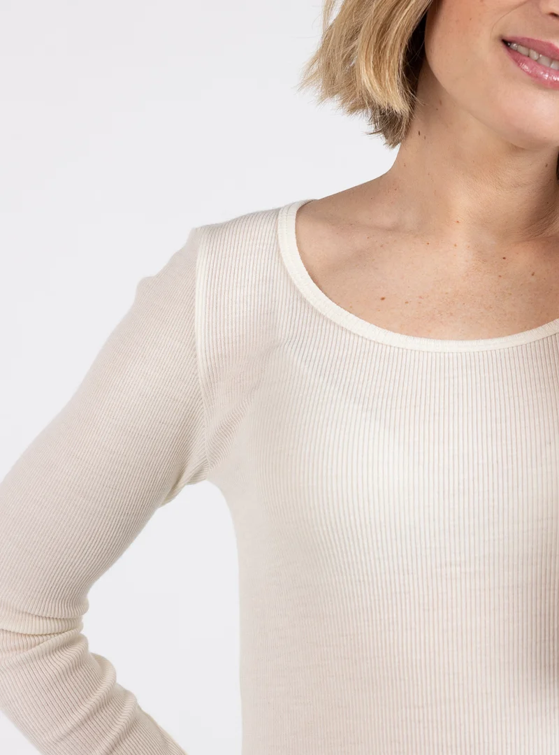 Tee-shirt manches longues femme laine mérinos et soie blanc naturel