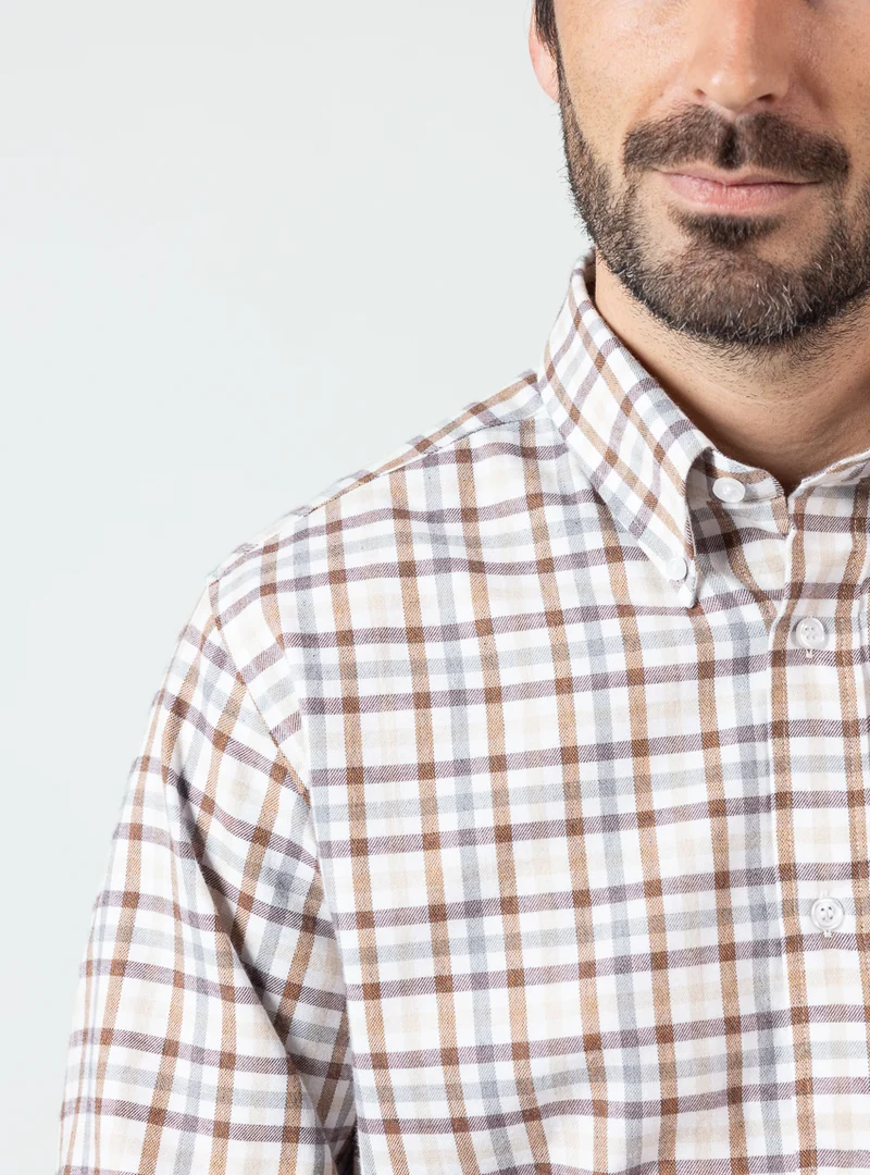Chemise homme en coton carreaux beige camel