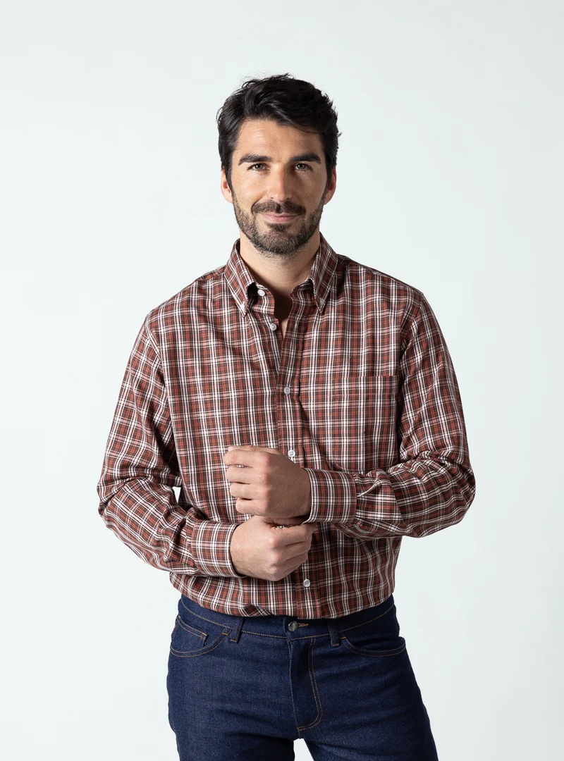 Chemise homme en coton carreaux marron