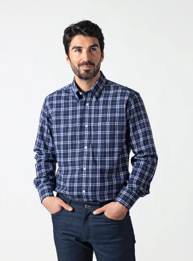 Chemise homme en coton carreaux bleu nuit