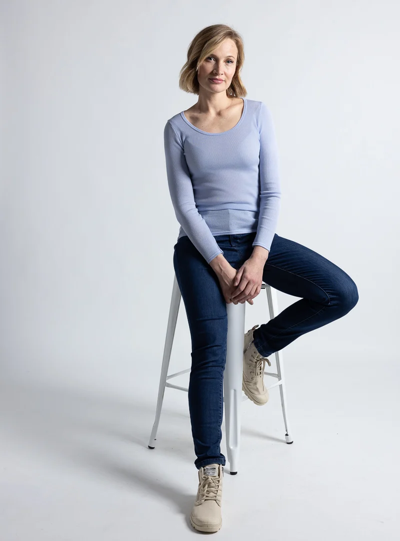 Tee-shirt manches longues femme laine mérinos et soie bleu ciel