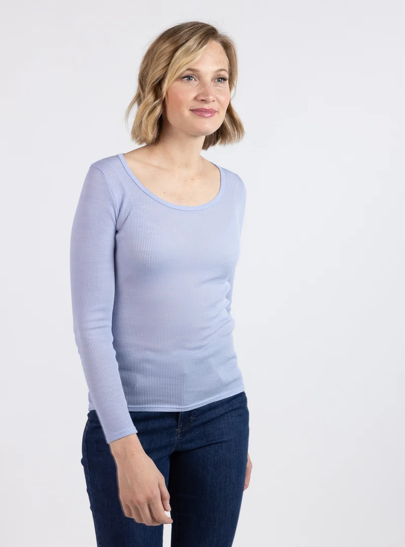 Tee-shirt manches longues femme laine mérinos et soie bleu ciel