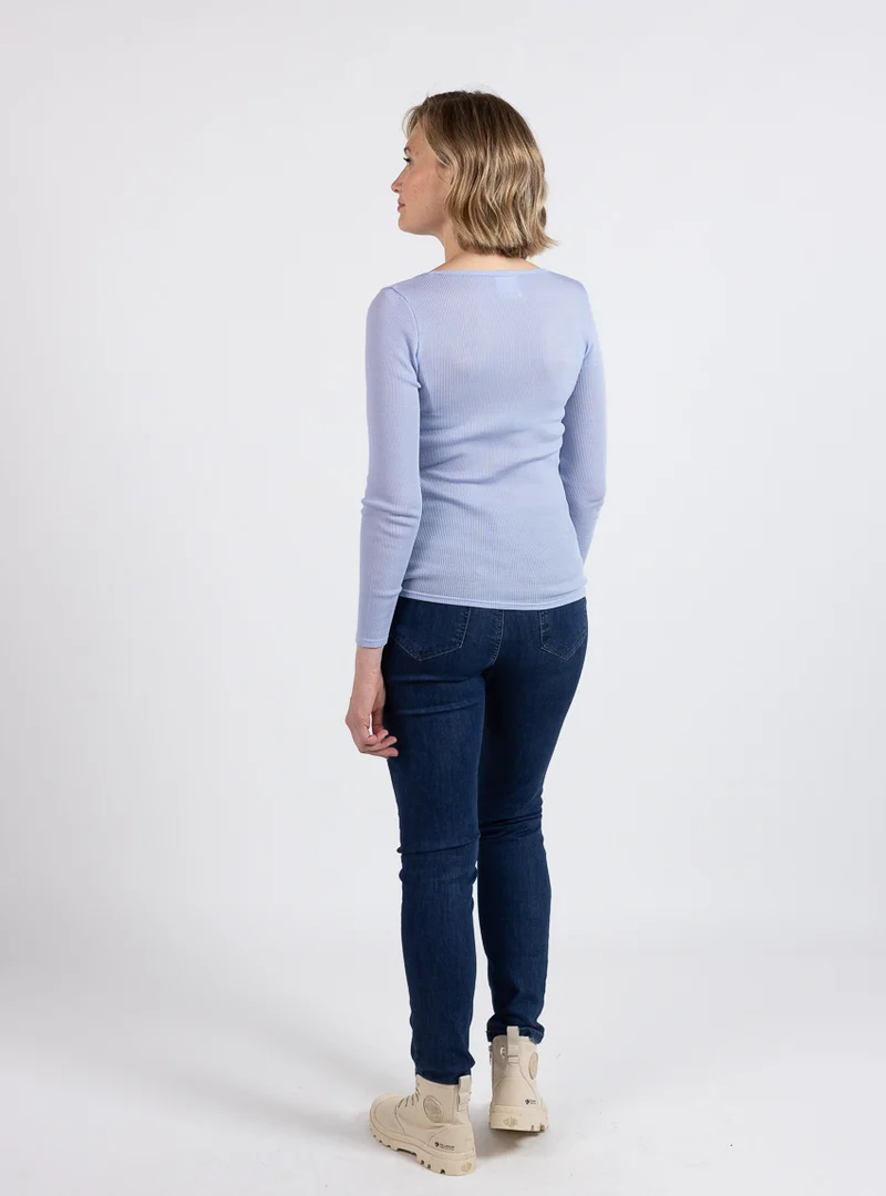 Tee-shirt manches longues femme laine mérinos et soie bleu ciel