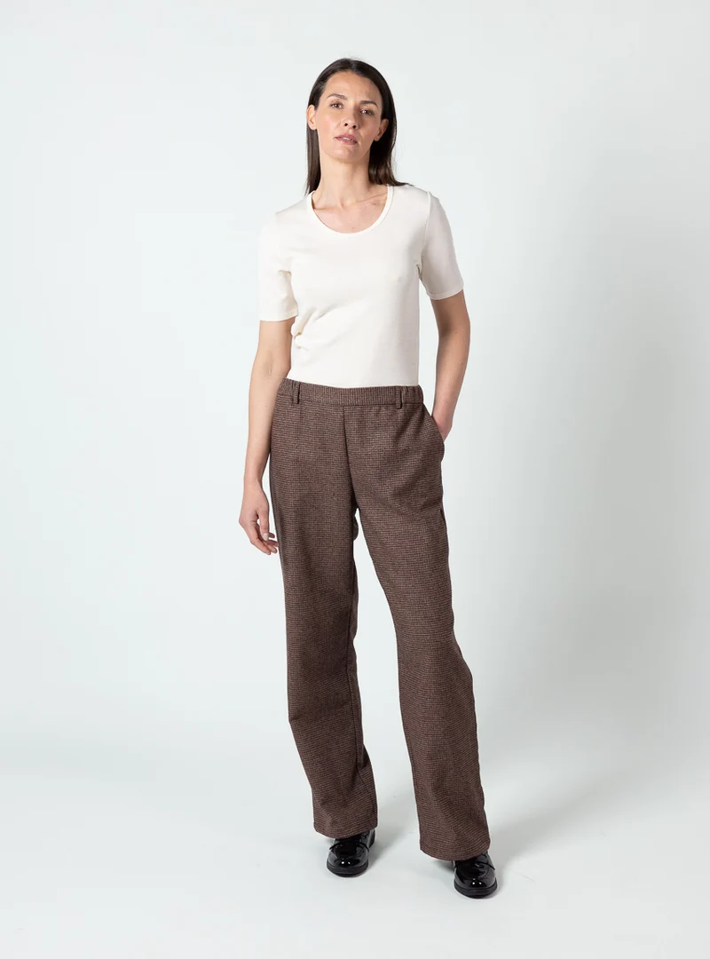 Pantalon large femme à carreaux marron