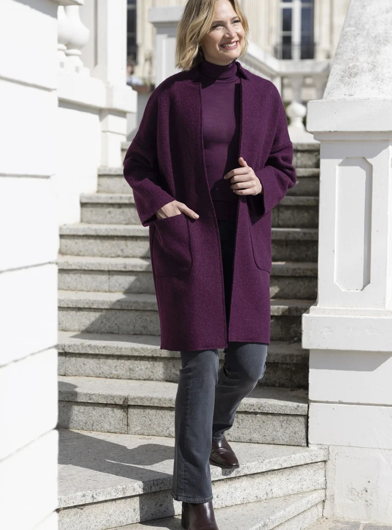 Manteau long femme en laine bouillie violet prune