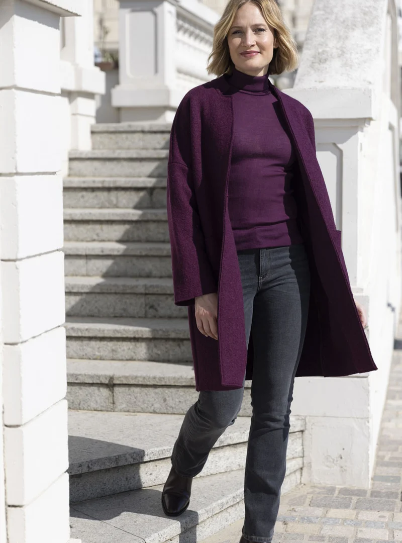 Manteau long femme en laine bouillie violet prune