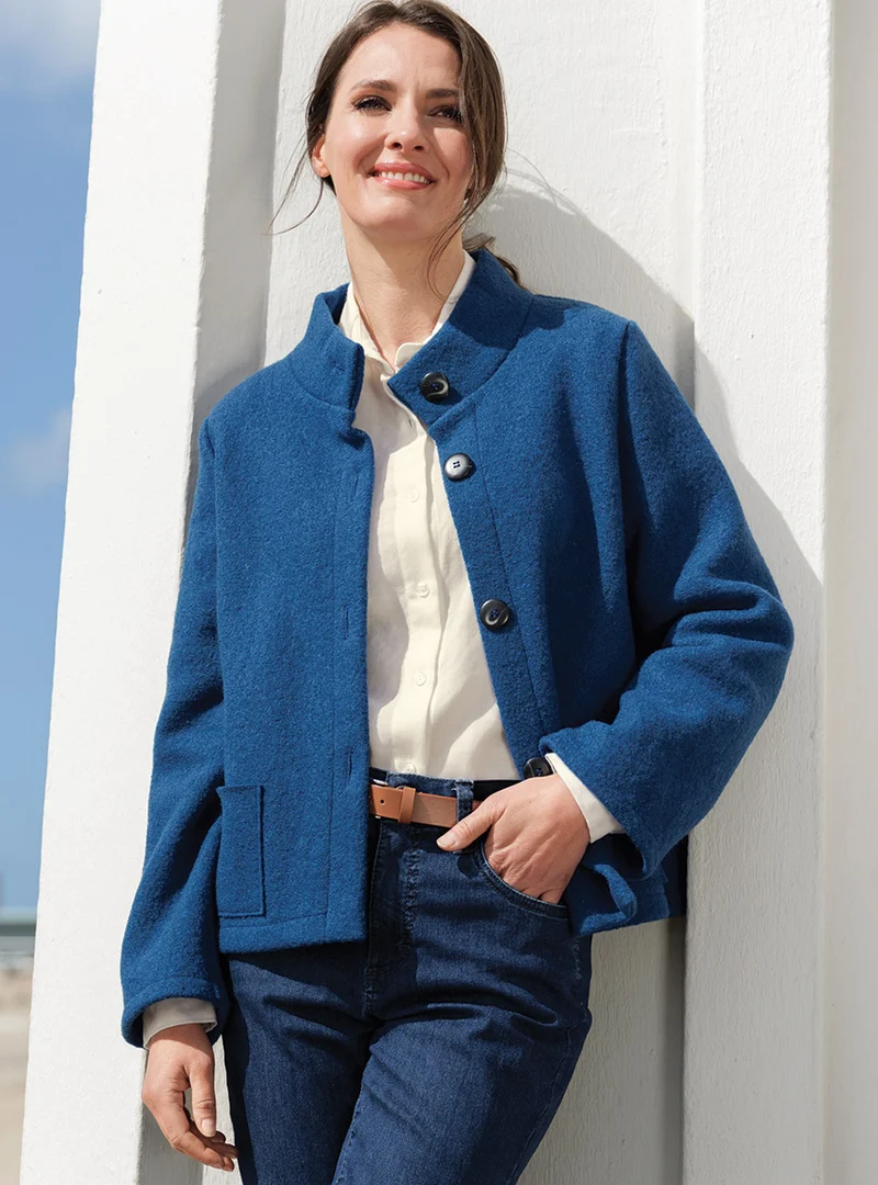 Veste femme laine bouillie bleu indigo