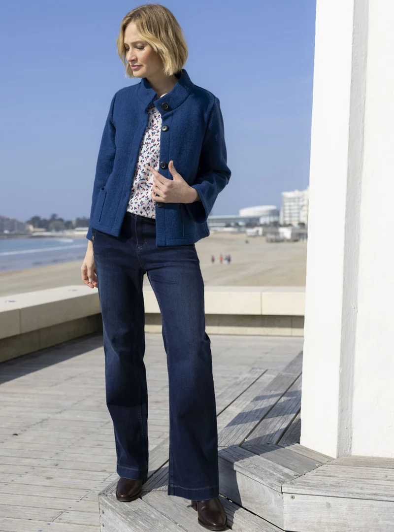 Veste femme laine bouillie bleu indigo