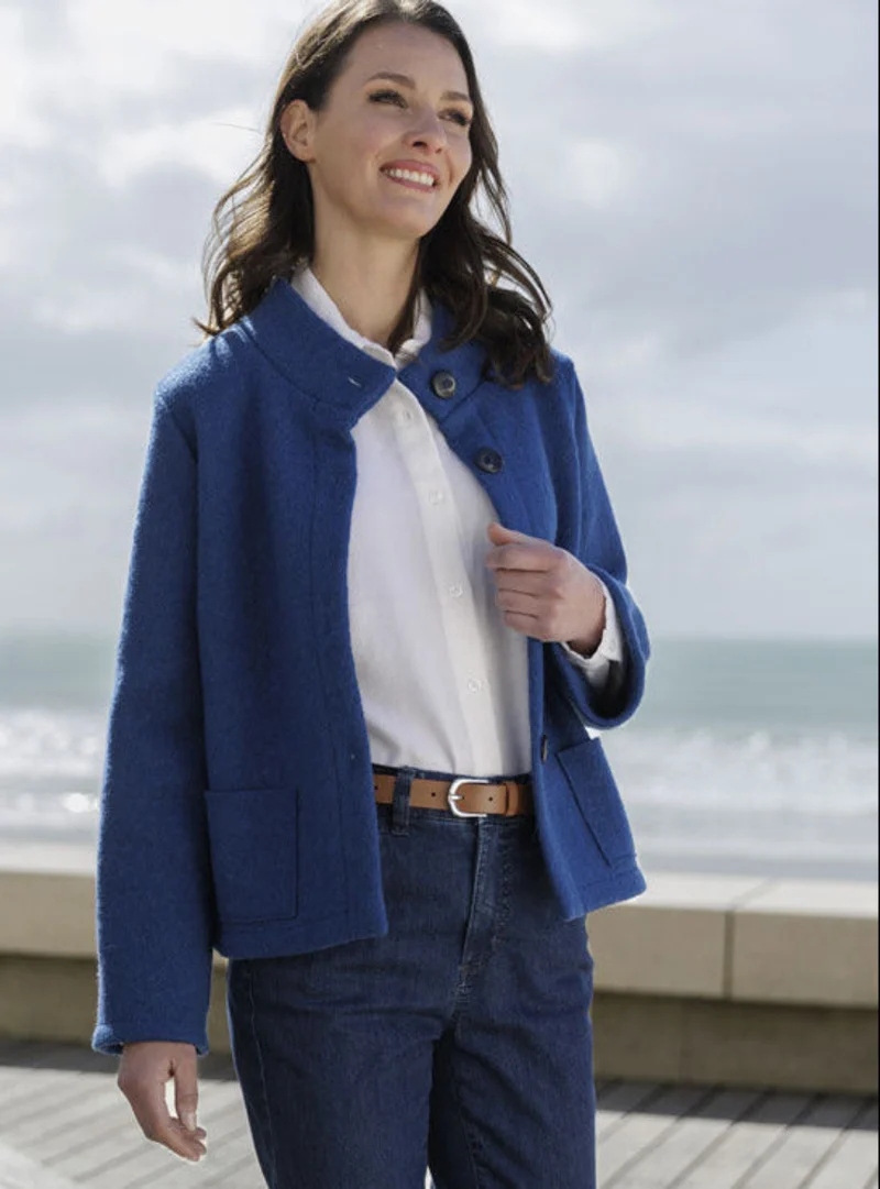Veste femme laine bouillie bleu indigo