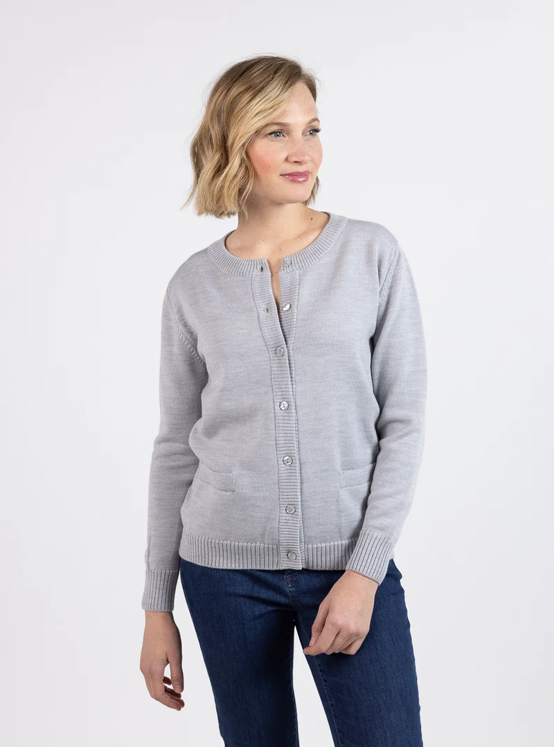 Cardigan femme col rond en laine mérinos gris givre