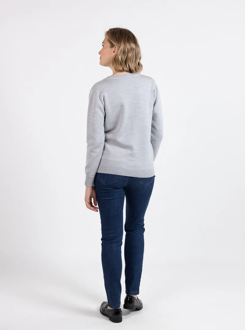 Cardigan femme col rond en laine mérinos gris givre