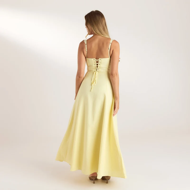 Robe Maxi avec Bordure en Dentelle - Jaune Citron