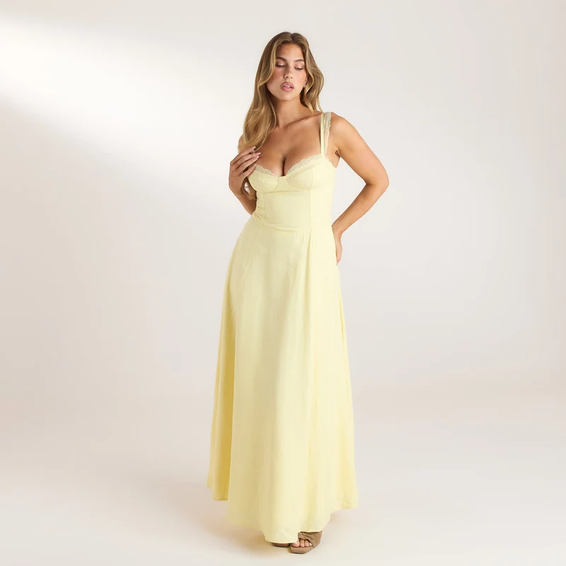 Robe Maxi avec Bordure en Dentelle - Jaune Citron