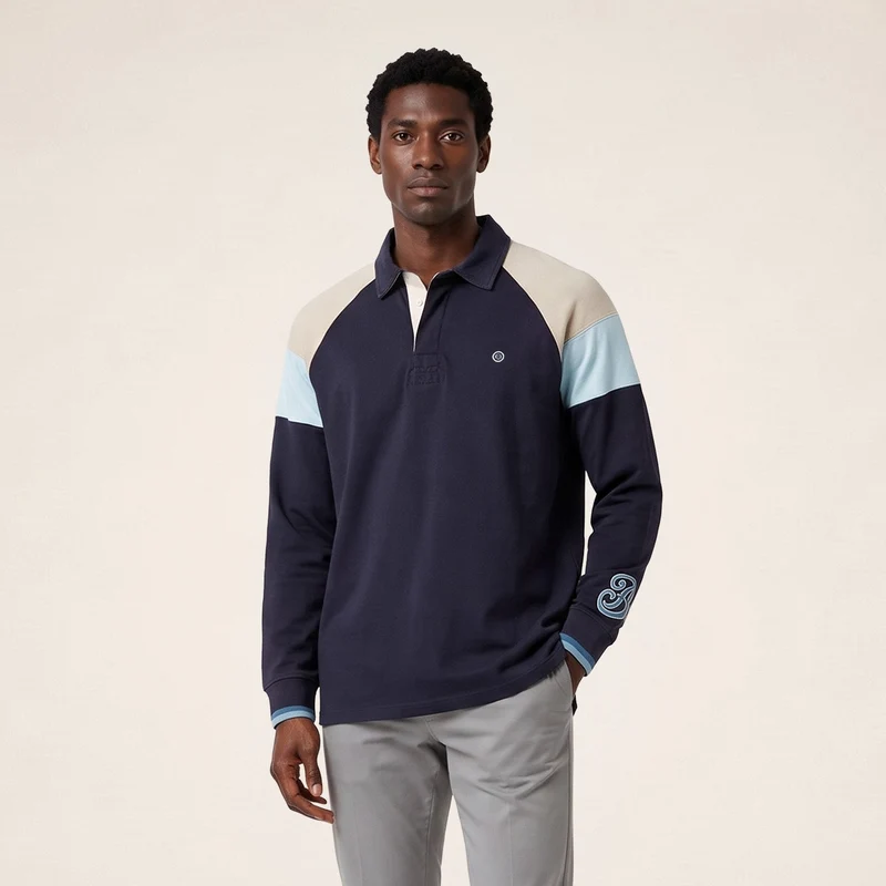 Polo rugby manches longues raglan coton bleu marine foncé