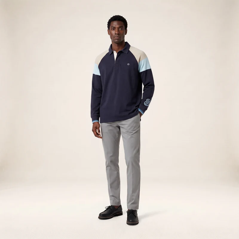 Polo rugby manches longues raglan coton bleu marine foncé