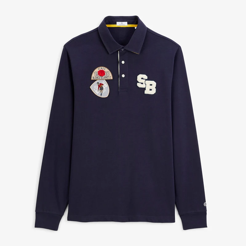 Polo rugby manches longues badges brodés coton bleu marine foncé
