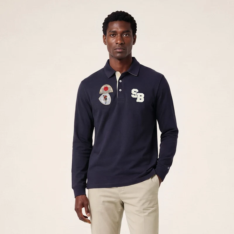 Polo rugby manches longues badges brodés coton bleu marine foncé