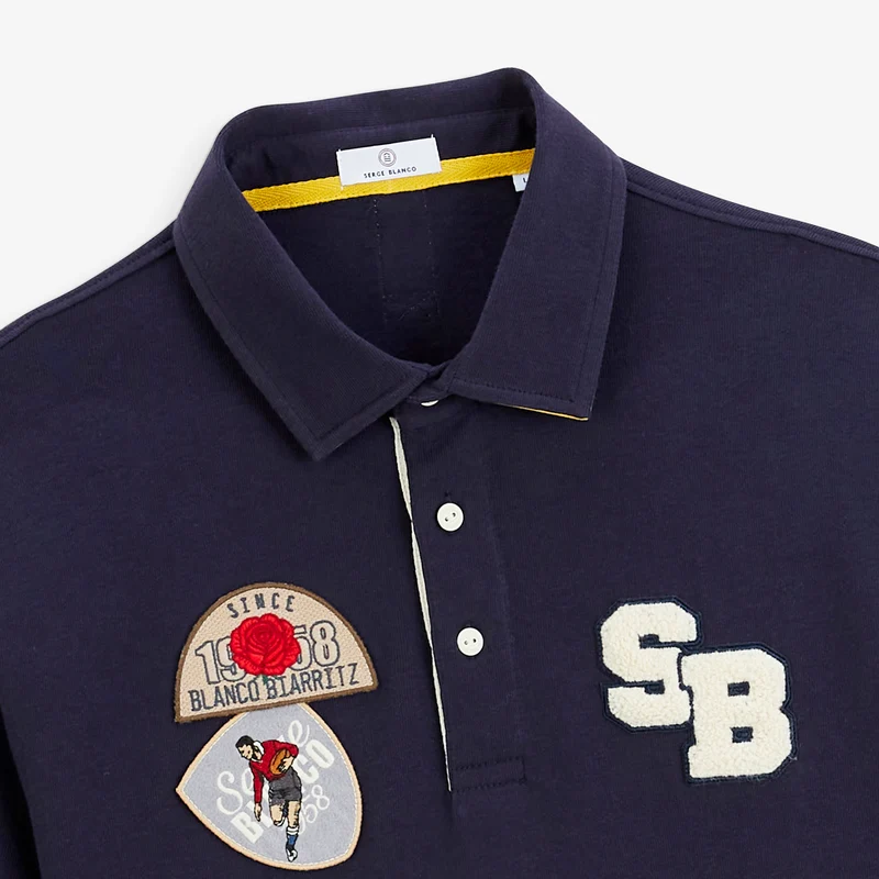 Polo rugby manches longues badges brodés coton bleu marine foncé