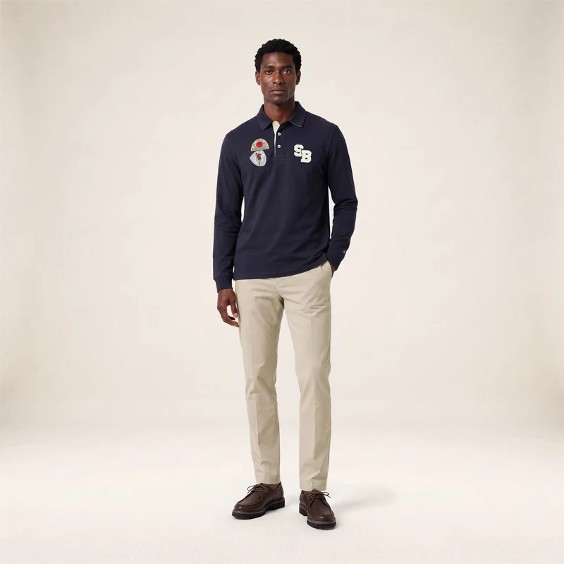 Polo rugby manches longues badges brodés coton bleu marine foncé
