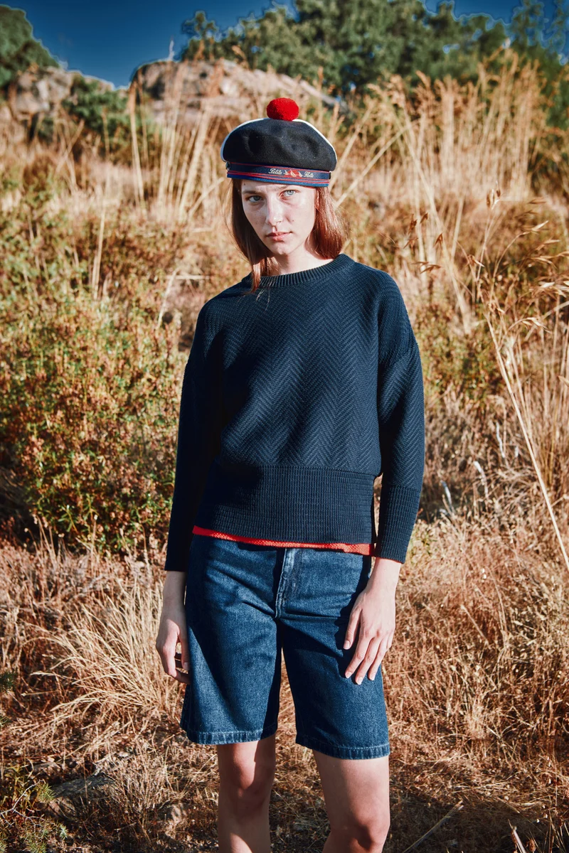 NELLIE Chevron Sweater in Organic Cotton - Navy