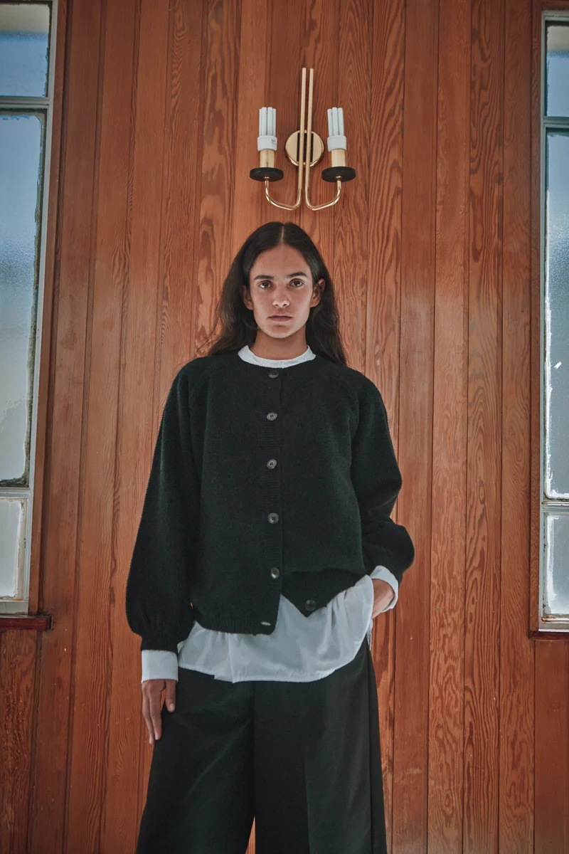 GABY Balloon-Sleeve Cardigan in Merino Wool - Black