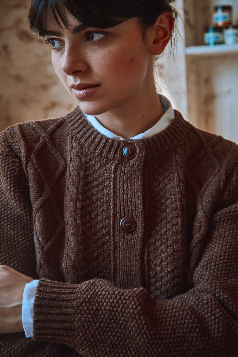 SONIA Cable Cardigan in Merino Wool - Chocolate