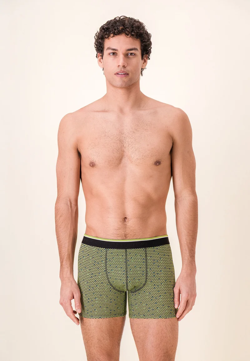 Boxer long à motif chevron jaune anis en coton - Michel Chevron Jaune Anis