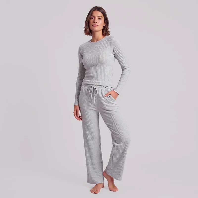 Langarmshirt Damen Rippstruktur | Hellgrau Meliert