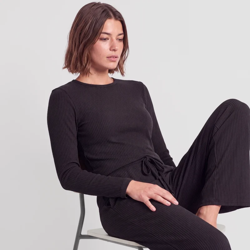Langarmshirt Damen Rippstruktur | Schwarz