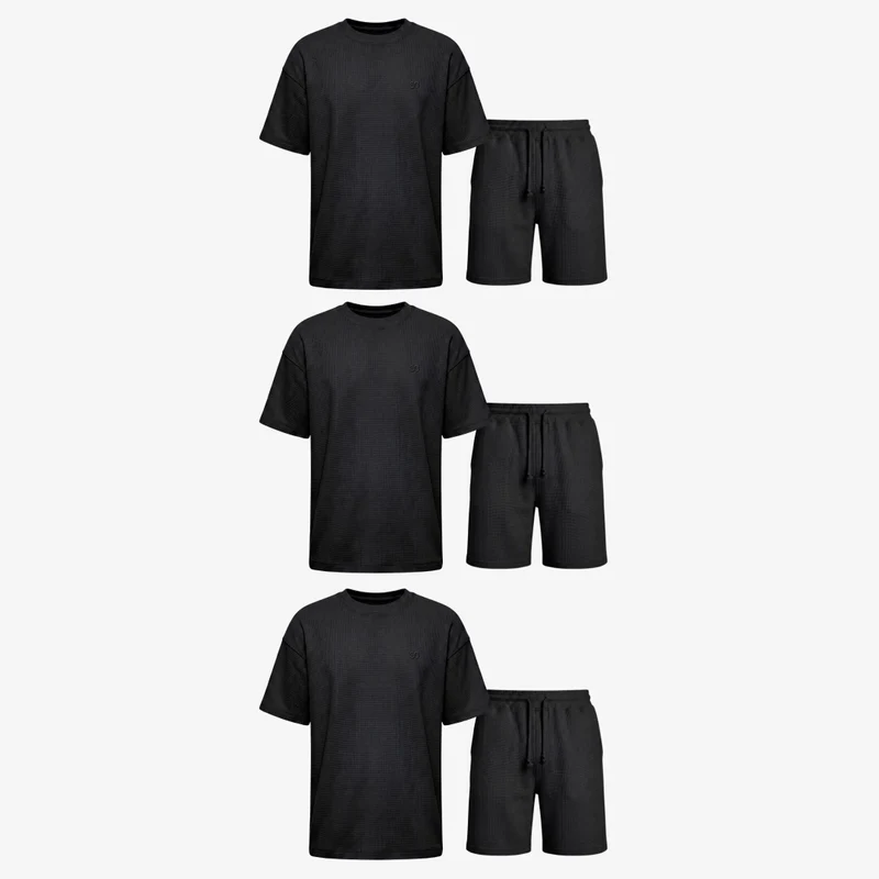 Schlafanzug Set Waffle Herren kurz | Schwarz