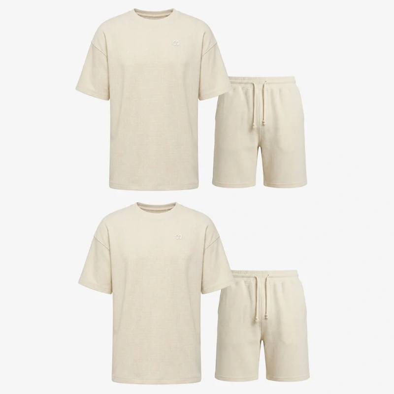 Schlafanzug Set Waffle Herren kurz | Beige