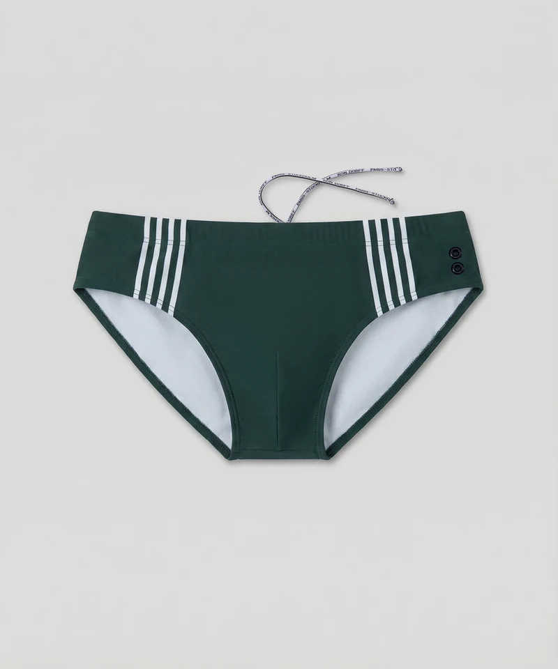 Swim Briefs w. Placed Vertical Thin Stripes: Court Green