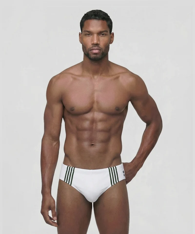 Swim Briefs w. Placed Vertical Thin Stripes: White