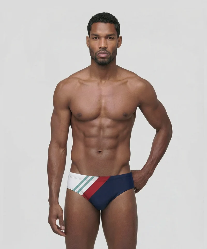 Swim Briefs w. Diagonal Irregular Stripes: Navy