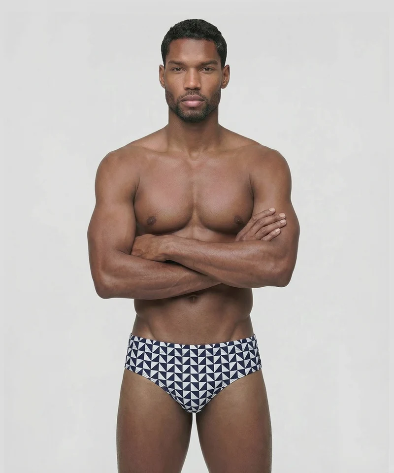 Swim Briefs w. Geometric Pattern: Navy