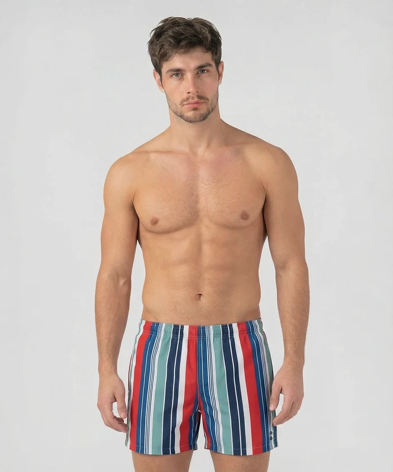 Swim Shorts w. Retro Stripes: Shocking Red