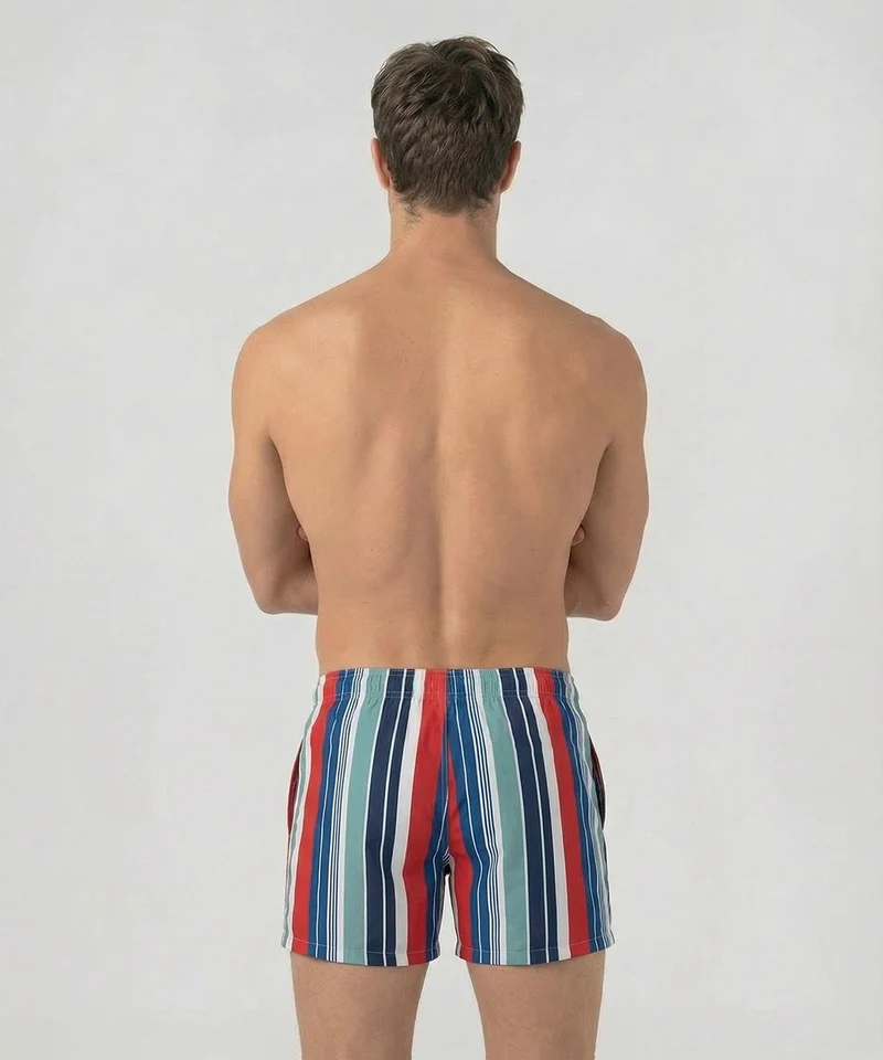 Swim Shorts w. Retro Stripes: Shocking Red