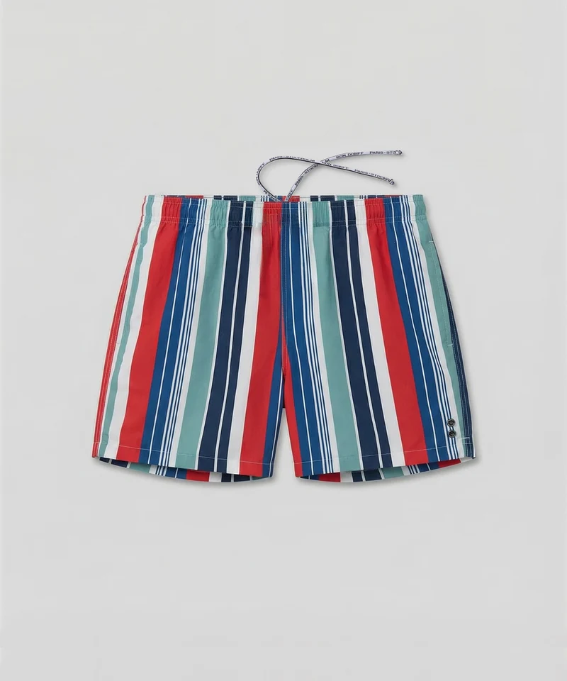 Swim Shorts w. Retro Stripes: Shocking Red