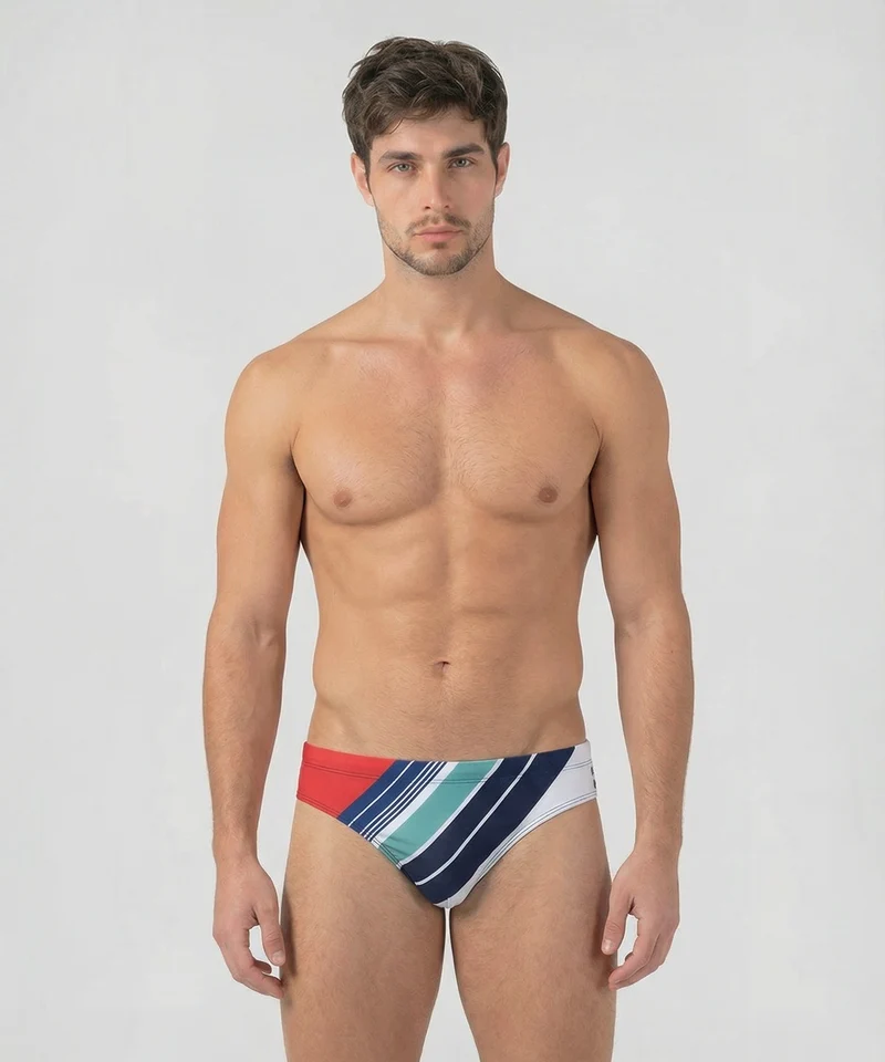 Slim Swim Briefs w. Retro Stripes: Shocking Red