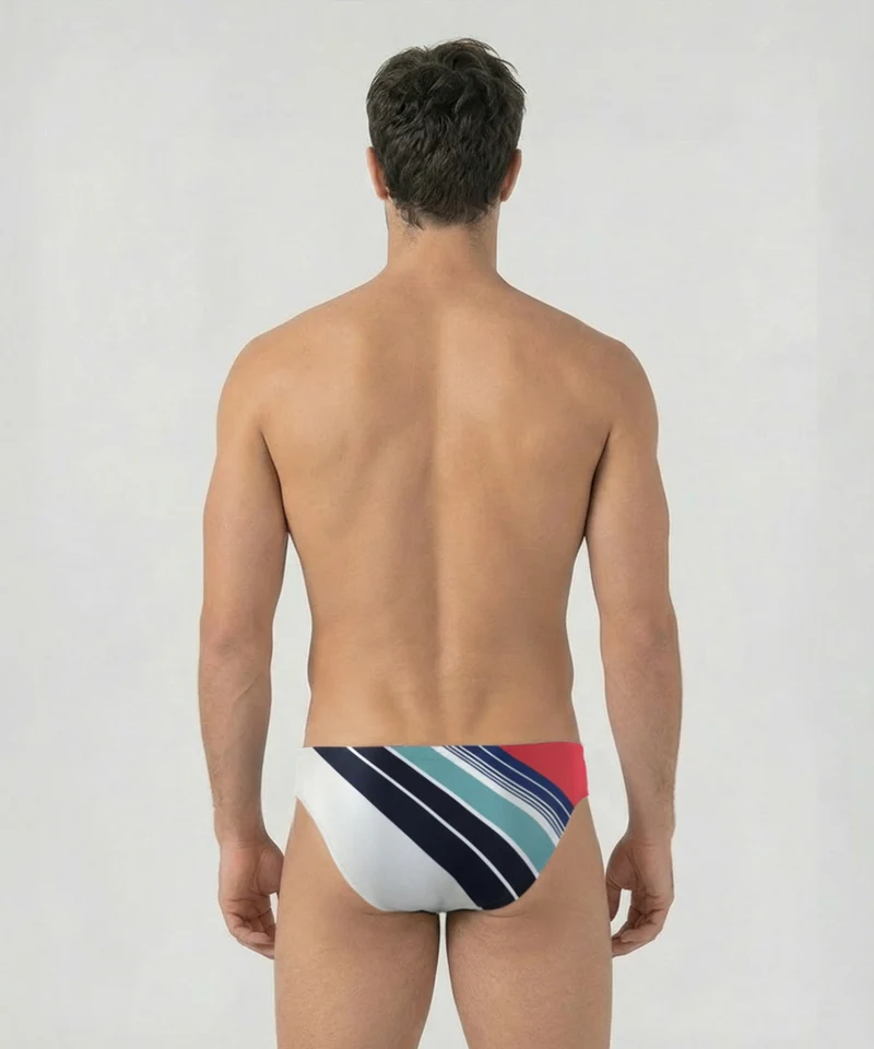 Slim Swim Briefs w. Retro Stripes: Shocking Red