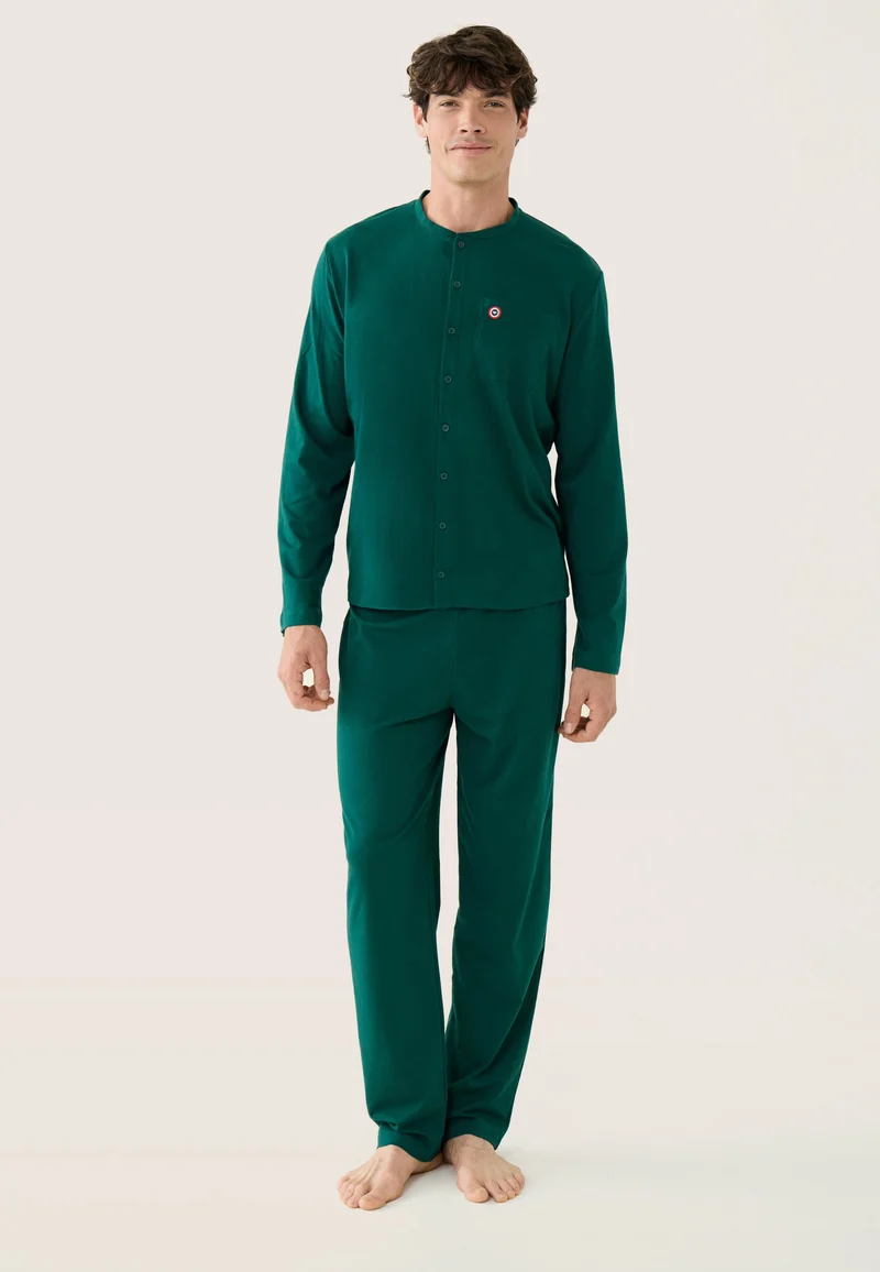 Ensemble pyjama haut et pantalon vert en coton - Pyjama Hugo Haut Manches Longues Et Bas Long Uni Vert