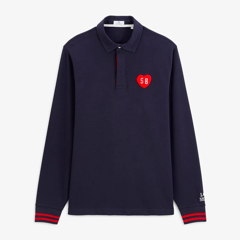 Polo rugby manches longues badge bouclette coton bleu marine foncé