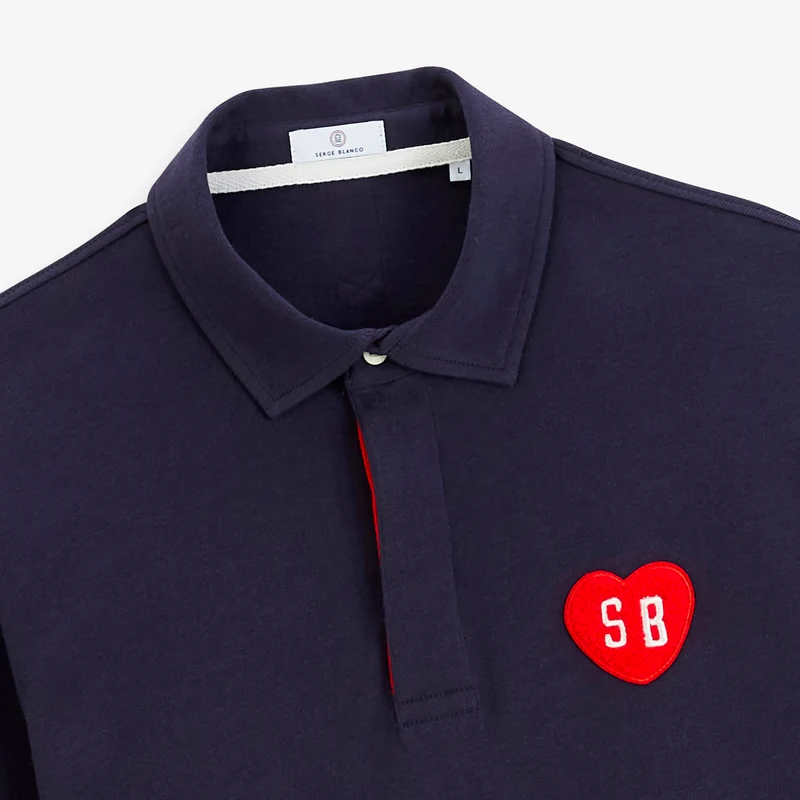 Polo rugby manches longues badge bouclette coton bleu marine foncé