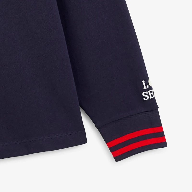 Polo rugby manches longues badge bouclette coton bleu marine foncé