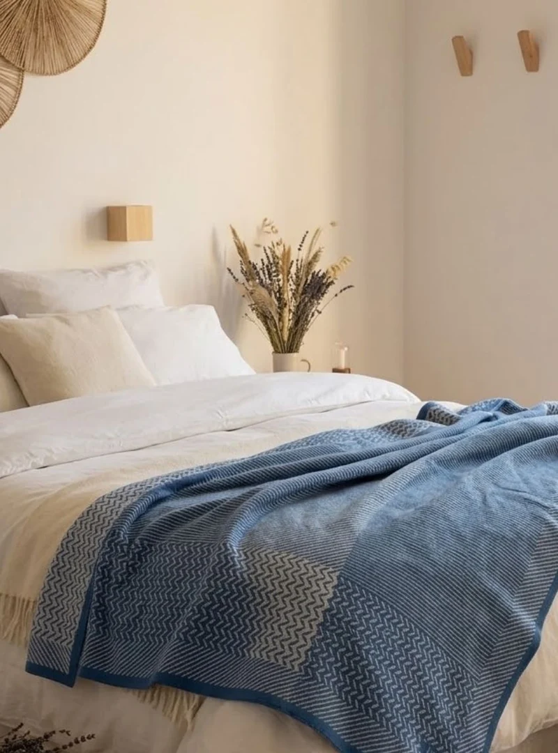 Grand plaid laine mérinos bleu océan