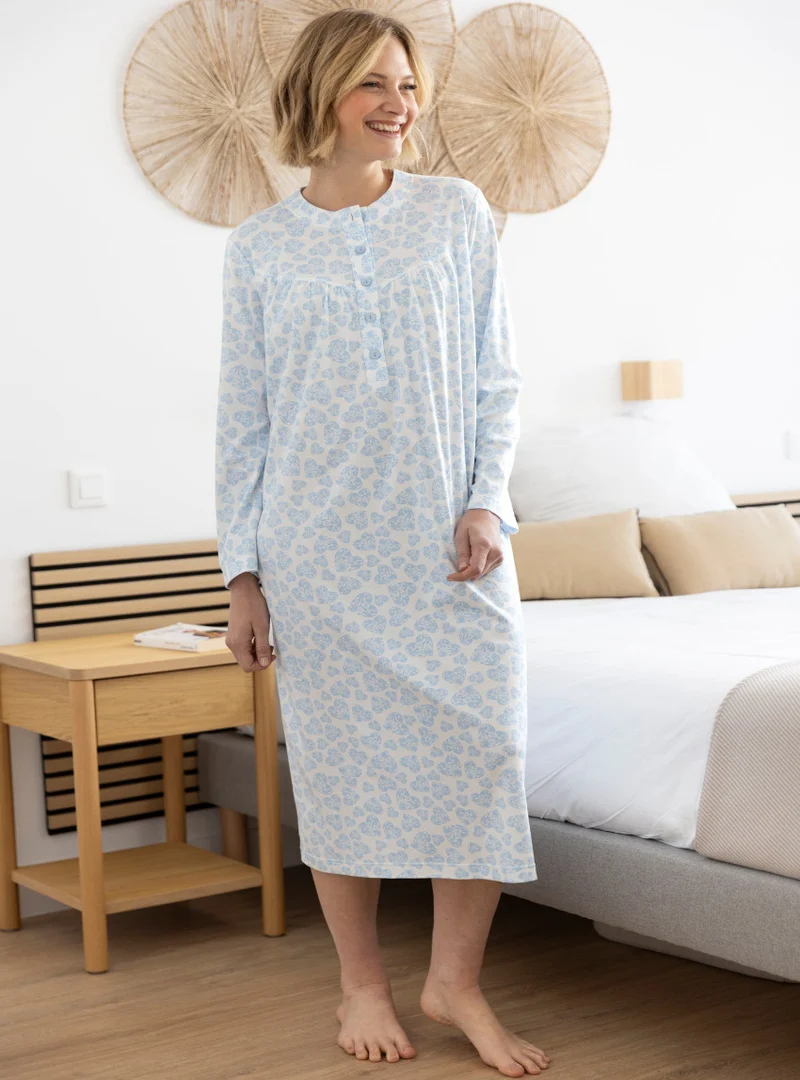 Chemise de nuit femme en coton cœurs bleus