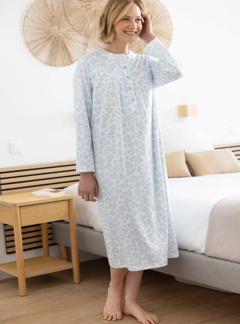 Chemise de nuit femme en coton cœurs bleus