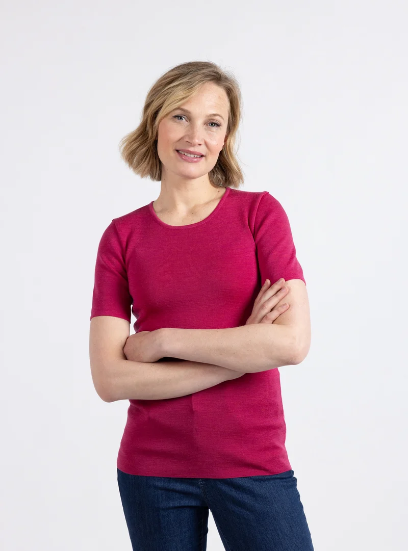 Tee-shirt femme en laine merinos rose géranium