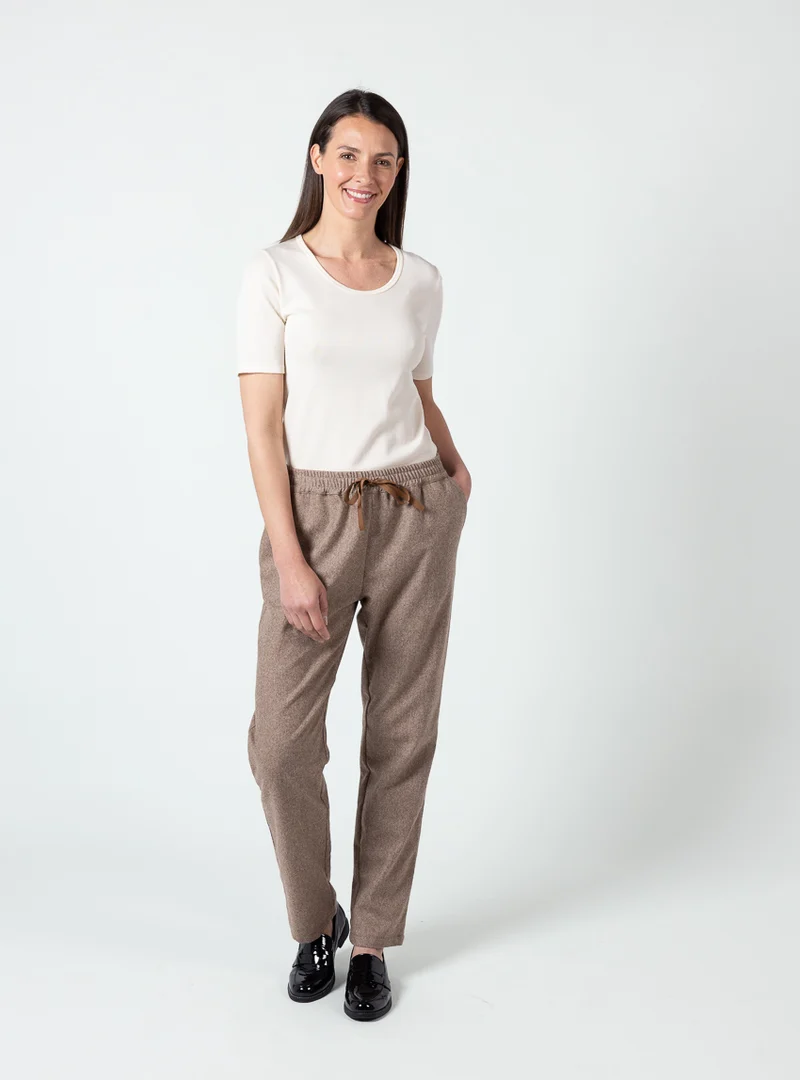 Pantalon femme laine beige foncé taille élastiquée
