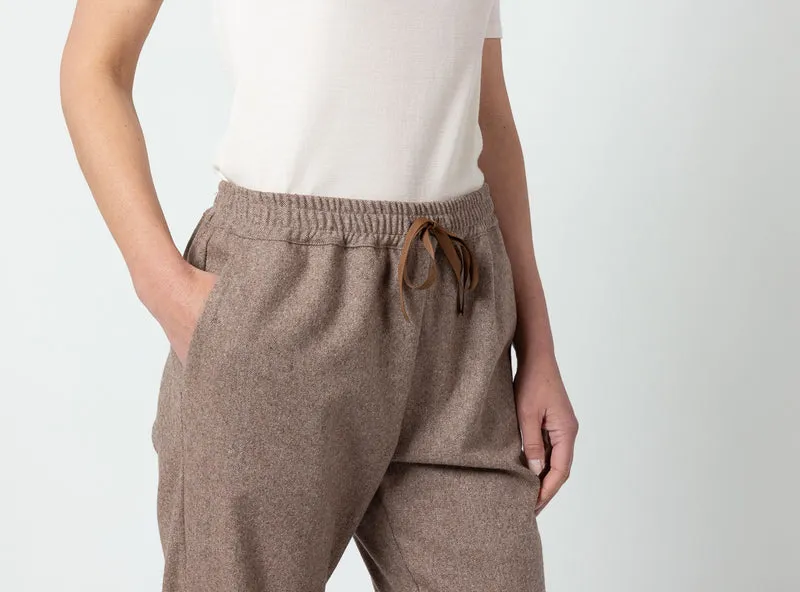 Pantalon femme laine beige foncé taille élastiquée